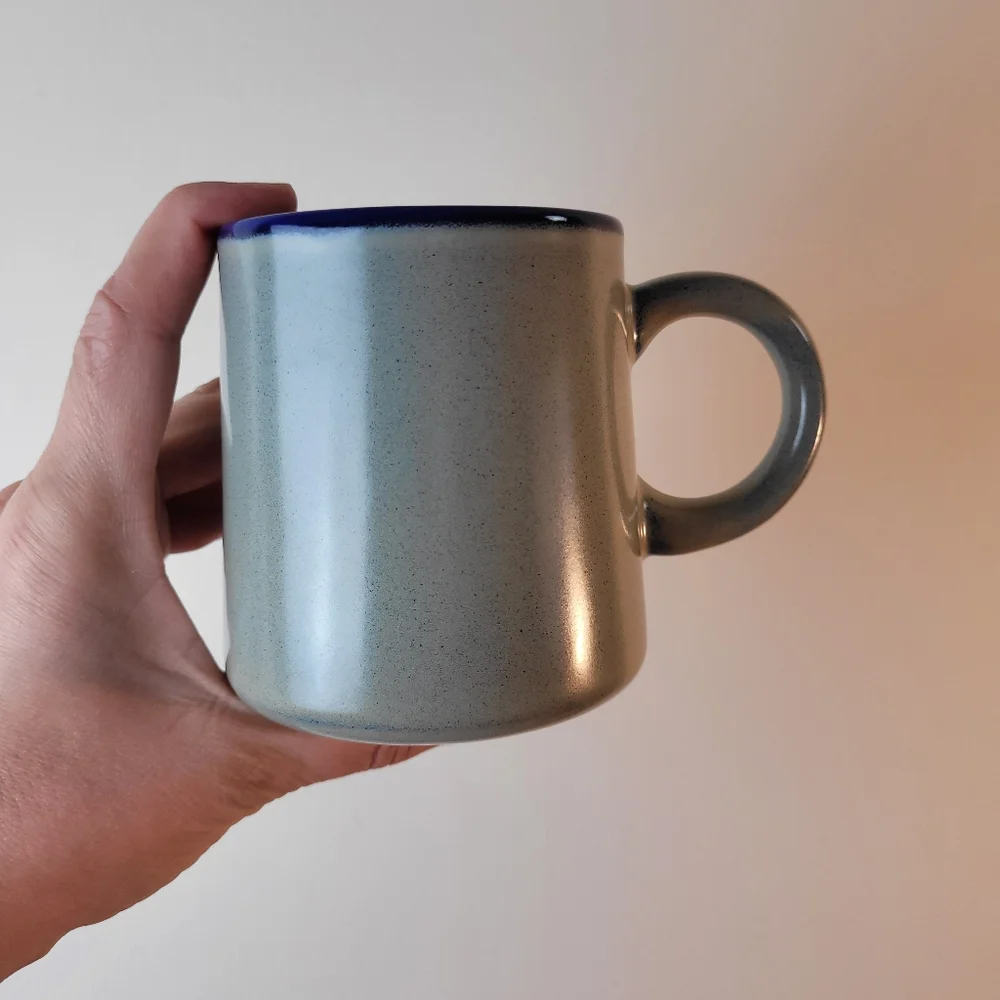 Young Living Mug Stoneware Coffee Cup Gray Blue. Speckled Ceramic. Round Handle.